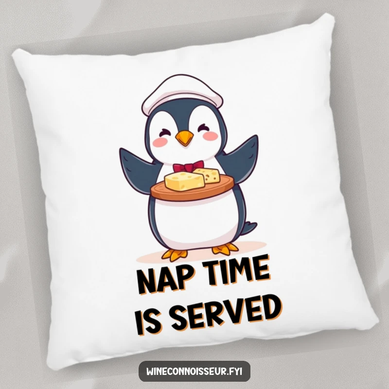 Funny pillow featuring a perky penguin server with a proud flourish offering a cheese platter, maximizing coziness.