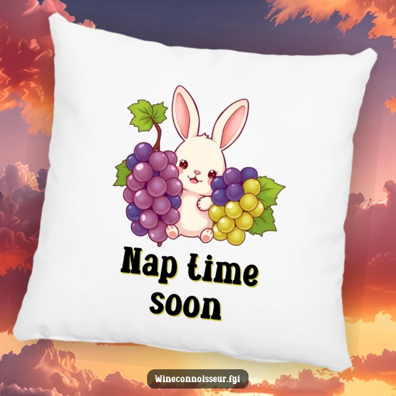 Funny rabbit peeking from grapes designed on a soft pillow, offering comfort and humor, ideal for a funny gift.
