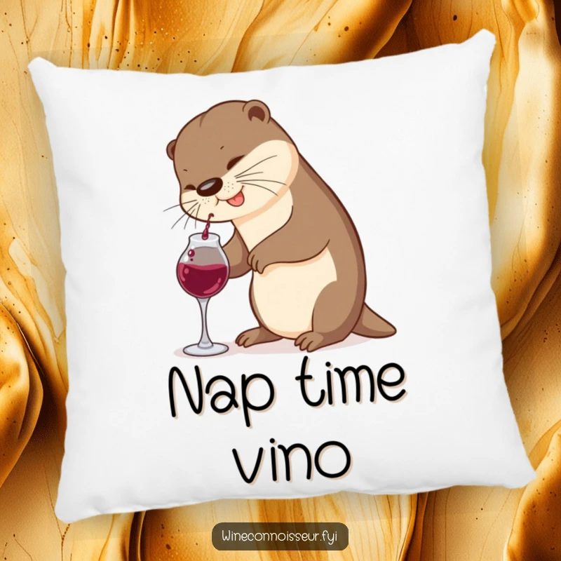 Funny Otter Pillow: A cute otter comically attempts to pour wine from a small decanter, adding comfort and humor to your space.