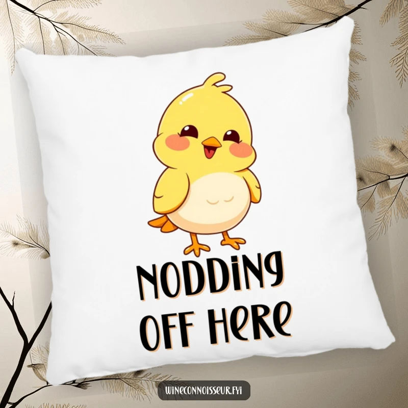 Funny joyful yellow bird with a pleased expression nodding thoughtfully on a soft funny pillow.
