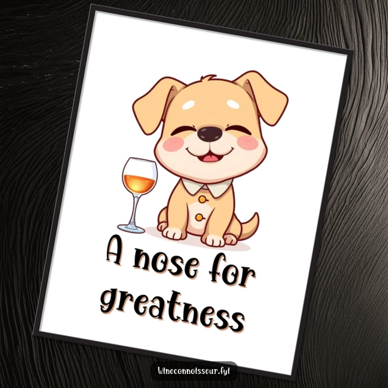 Funny digital art print of a happy dog sommelier intently sniffing an invisible aroma, eyes closed, a humorous and elegant illustration for any room.