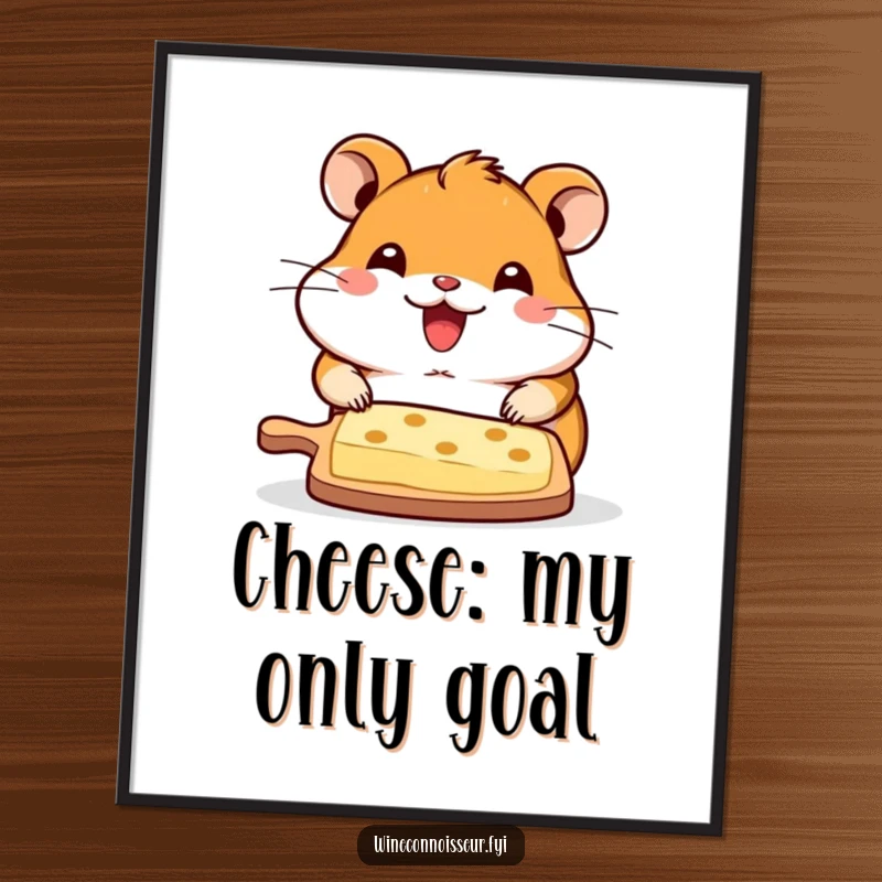 Funny digital art print of a delighted kawaii hamster offering a cheese board, providing instant humorous decor and a great gift.