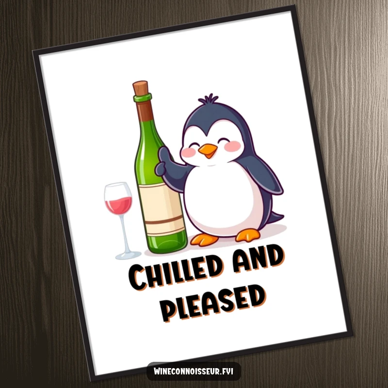Funny Digital Art Print: A contented penguin giving a thumbs up next to a wine bottle, bringing cheerful approval and humor to any space.