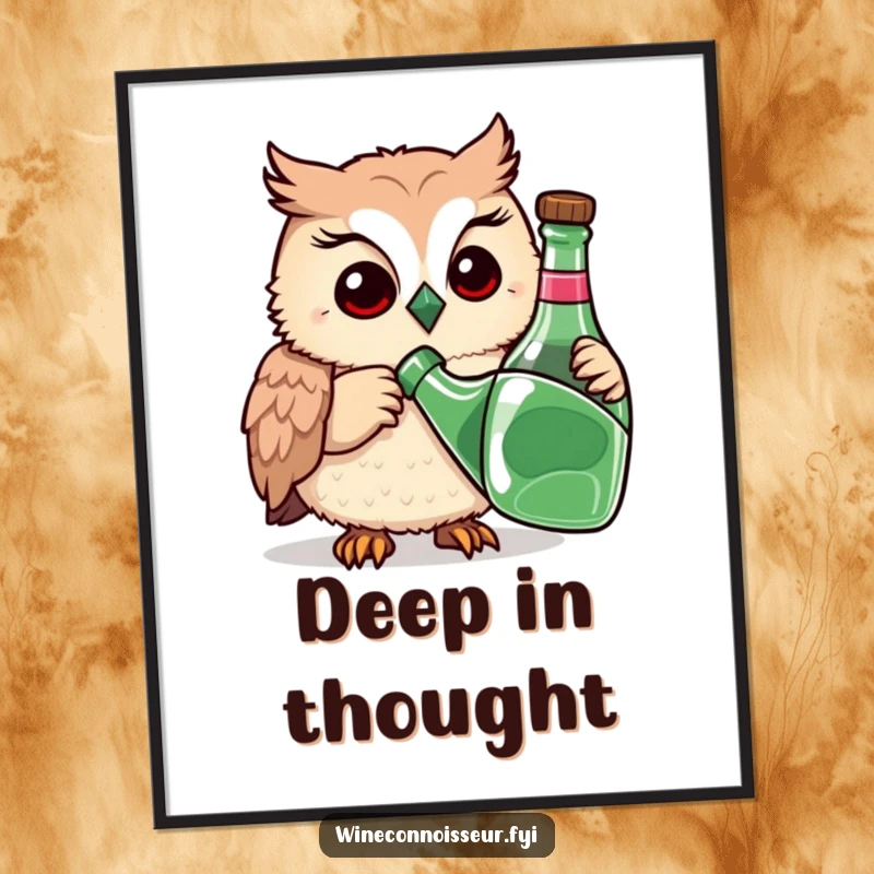 Funny digital art print of a playful owl meticulously sniffing a bottle with a thoughtful expression, offering instant intellectual humor.