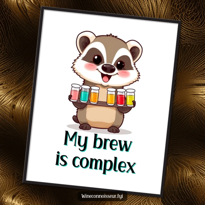 Funny digital art print of a delighted badger presenting a tasting flight of tiny vials, perfect for instant, humorous wall decoration.