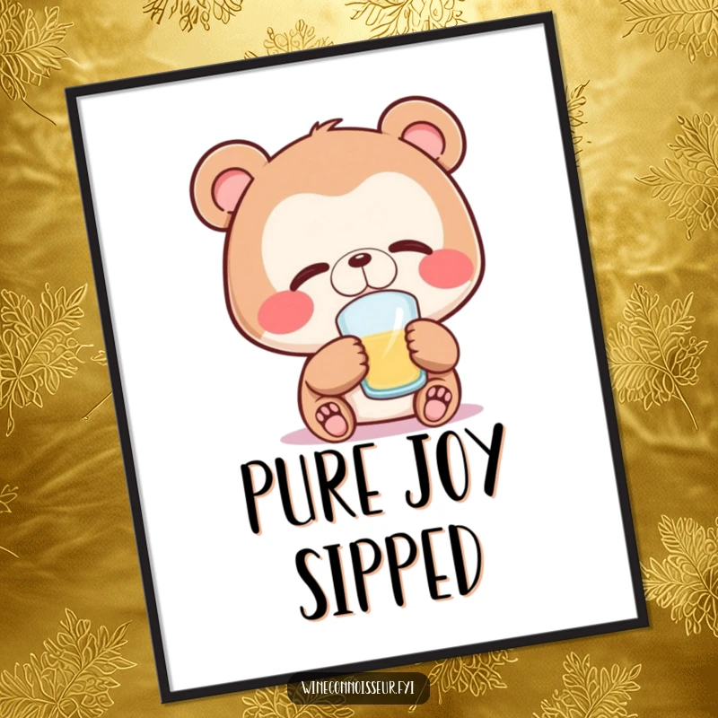 Funny bear digital art print of a joyful bear character with eyes closed, savoring a sip, ideal for serene decor.