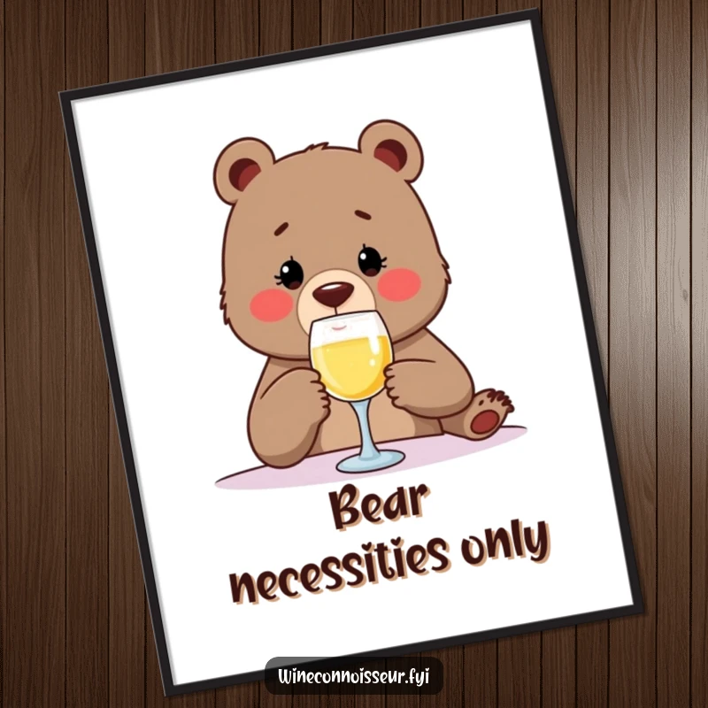 Funny digital art print of a determined bear carefully enjoying a tiny sip of wine, capturing a moment of humorous sophistication for wall decor.