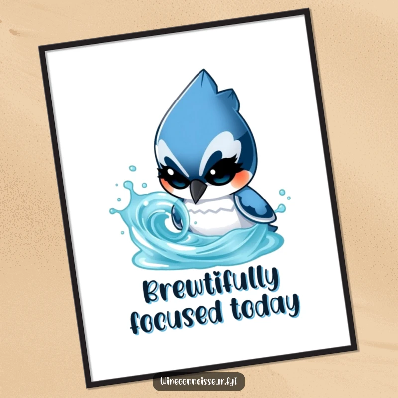Funny digital art print of a determined blue jay character analyzing a swirling liquid, humorous and scientifically inspired.