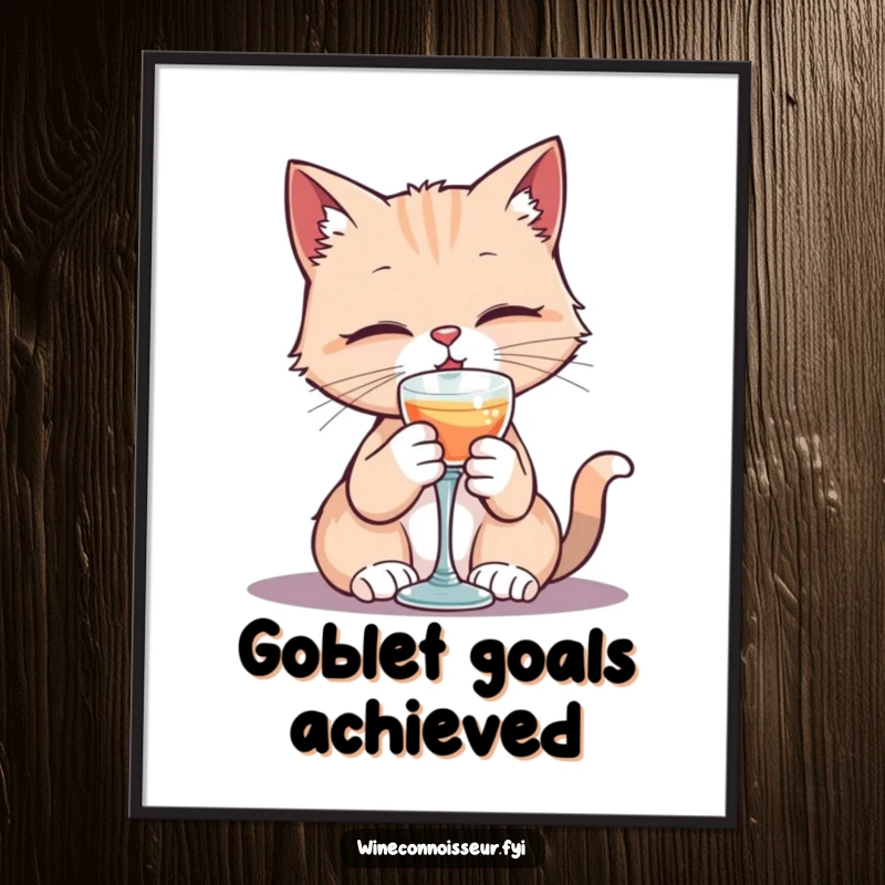 Funny digital art print of a kawaii cat character elegantly sipping from a tiny goblet, ideal for instant refined and humorous decor.