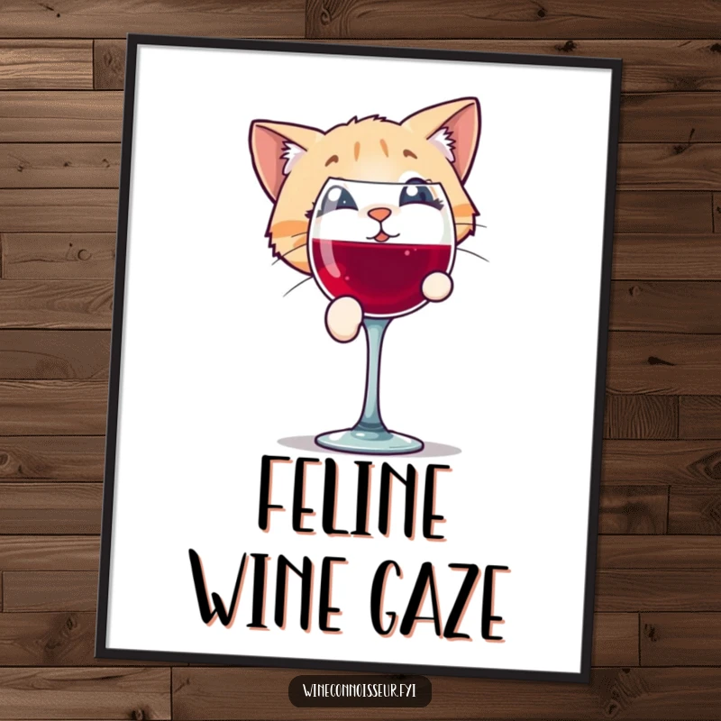 Funny digital art print of a playful cat character peering with intrigue into a wine glass, perfect for instant, humorous decor.