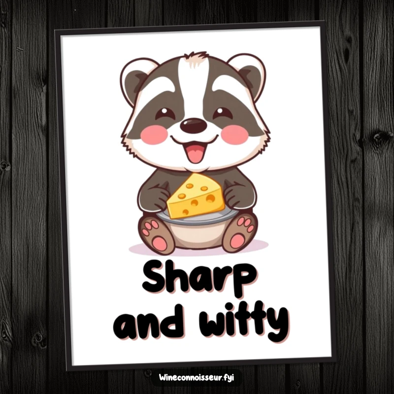 Funny digital art print of a joyful badger offering a cheese pairing. High-resolution art for instant download and display.