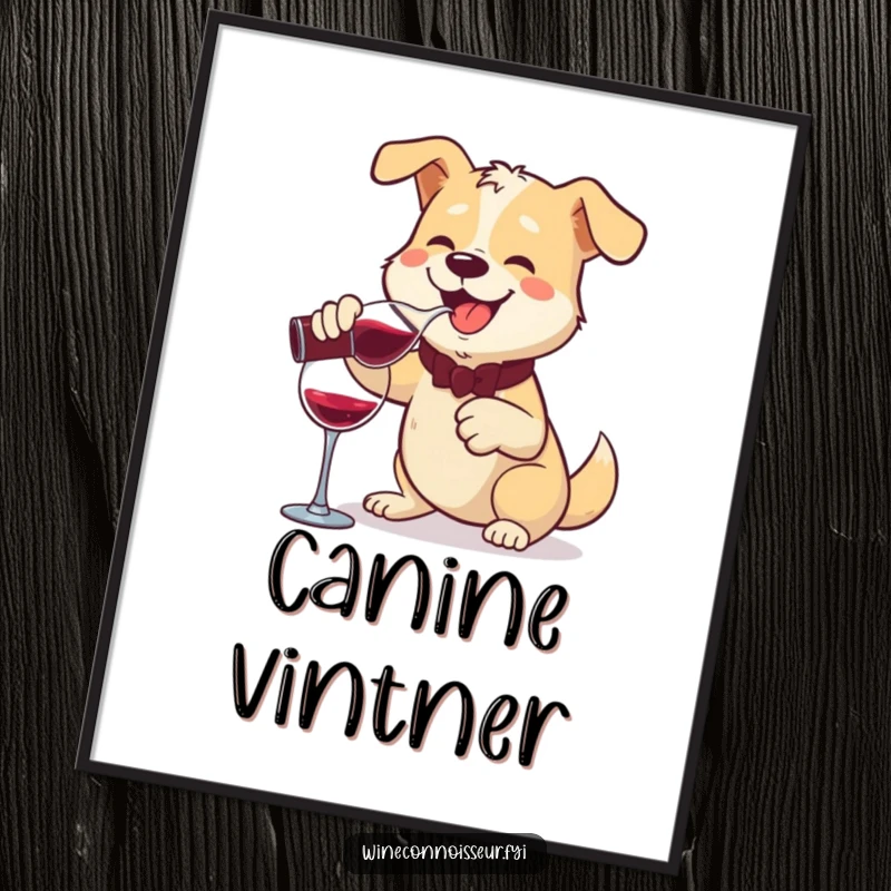 Funny digital art print of a cheerful dog pouring wine from a decanter with a flourish, ideal for elegant decor.