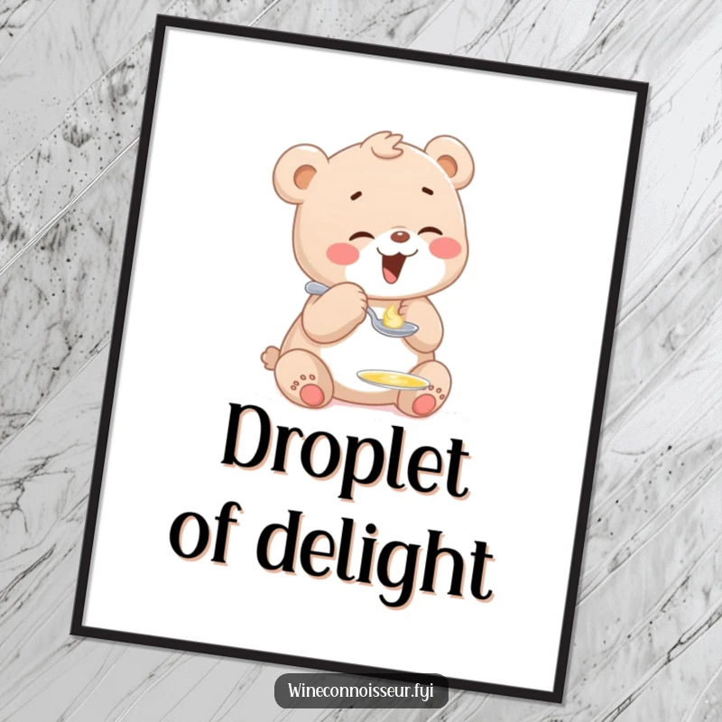 Funny digital art of a giggling bear cub character playfully sampling a tiny drop of honey from a miniature spoon, perfect for instant download.