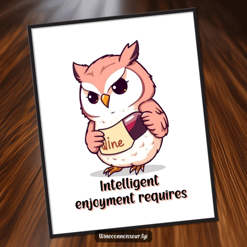 Funny Kawaii owl wine digital art print of a determined character studying a label, bringing intellectual curiosity and humor to decor, a fun gift.