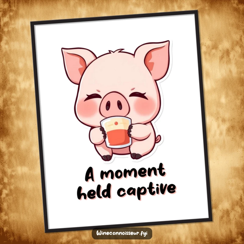 Funny Kawaii Pig Digital Art Print: A high-resolution download of a giggling pig character with closed eyes, savoring a sip, ready to bring joy.