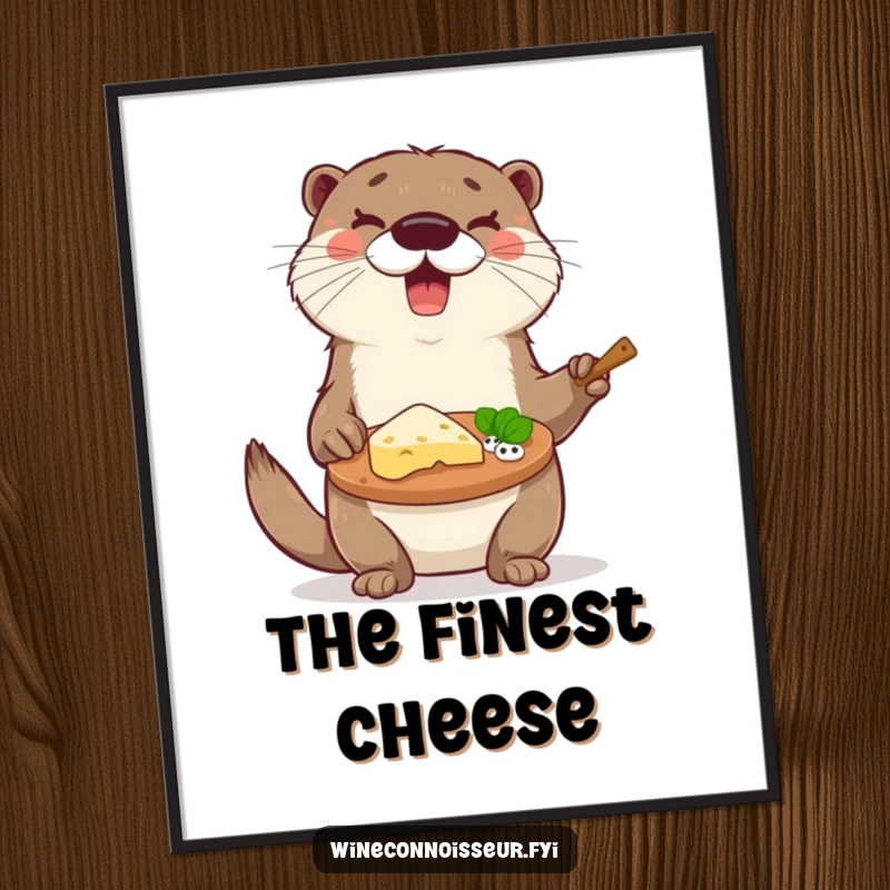 Funny otter presenting a delightful cheese platter with tasting notes, a downloadable digital art print, a funny gift.