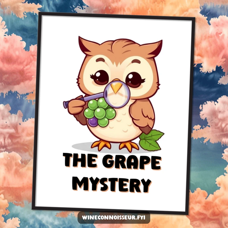 Funny digital art of a cheerful owl character using a magnifying glass to closely examine a grape, perfect for humorous wall decor.