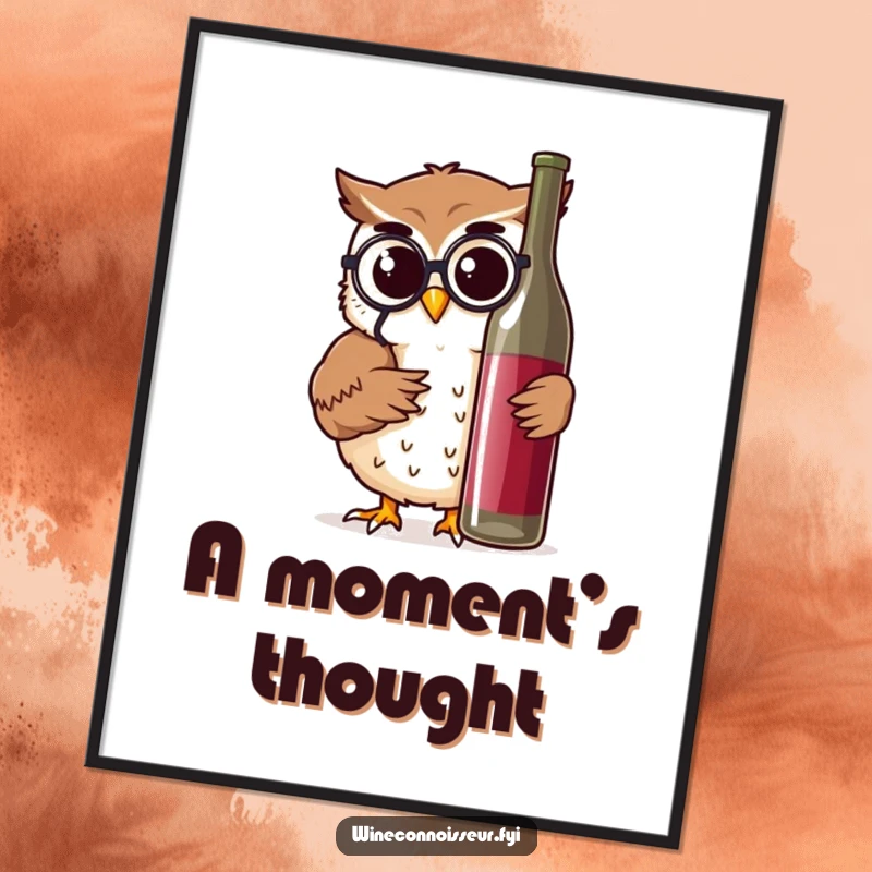 Funny digital art print of a wise owl character examining a wine bottle, an intelligent and humorous decoration.