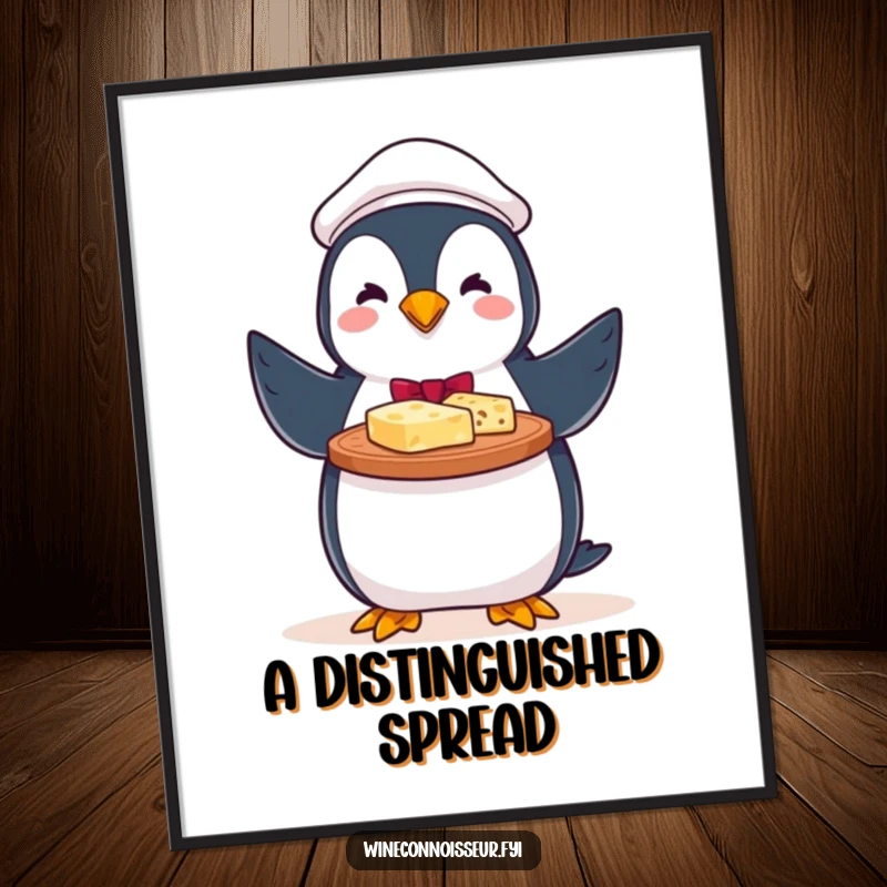 Funny digital art print of a perky penguin server proudly offering a cheese platter, perfect for party spaces.