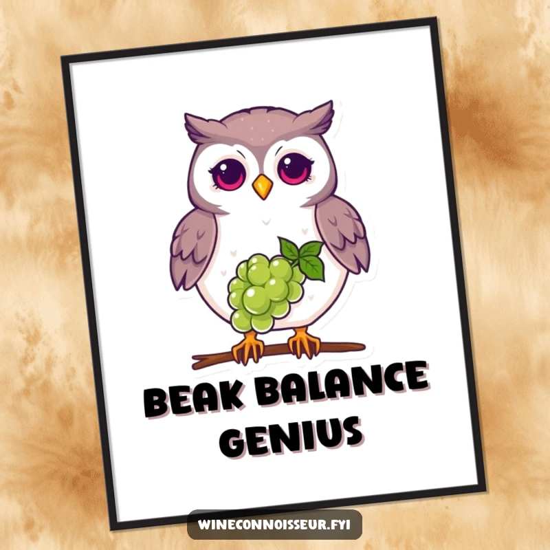 Funny proud owl digital art, balancing grape on beak, printable and humorous decor for any room.