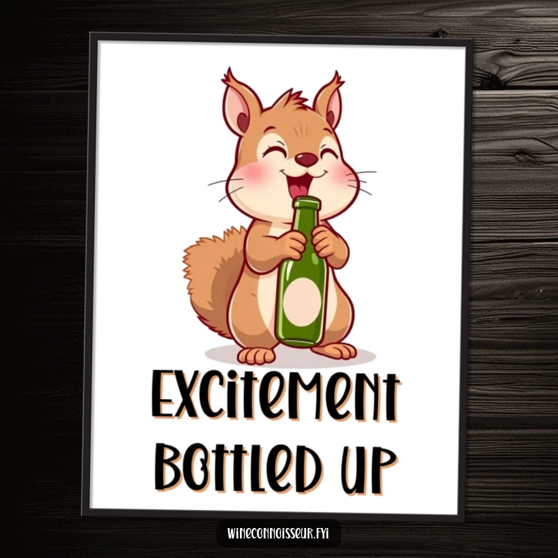 Funny digital art print of an excited kawaii squirrel uncorking a miniature bottle, ideal for instant and humorous party decor.