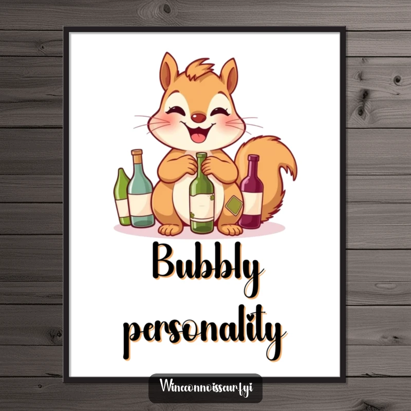 Funny Squirrel Digital Art: A giggling squirrel proudly showcases its tiny wine bottle collection, offering instant downloadable fun.