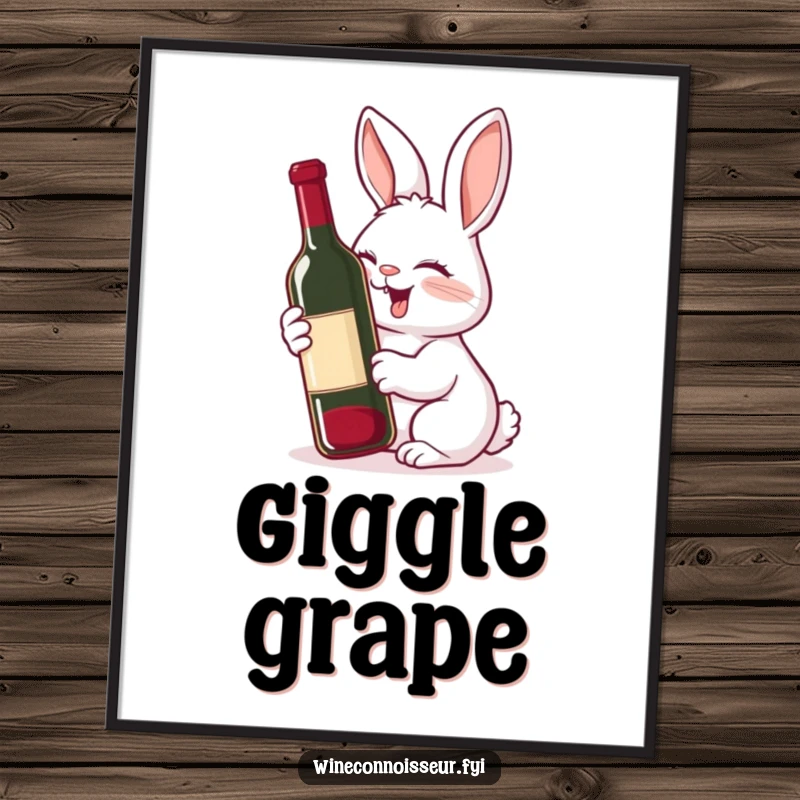 Funny digital art print of a giggling rabbit with a delighted expression, sniffing a wine bottle, ideal for whimsical decor.