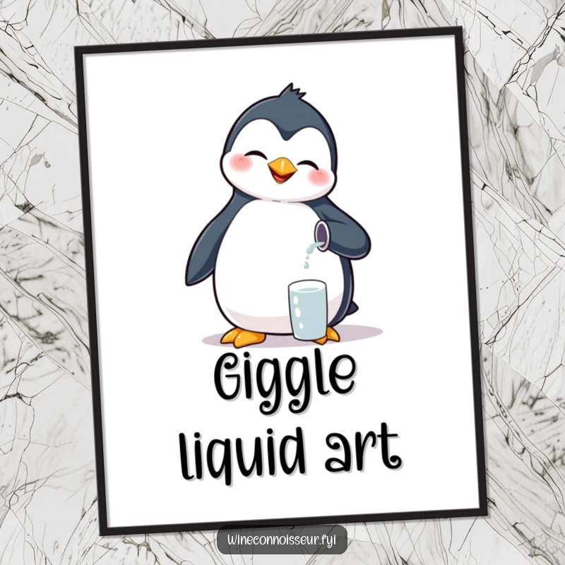 Funny giggling penguin digital art, pouring tiny liquid, printable and humorous decor for any room.