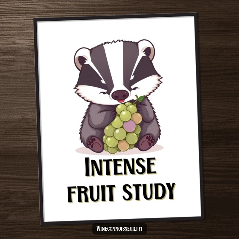 Funny digital art print of a determined badger examining a grape with great concentration, offering instant focused humor.