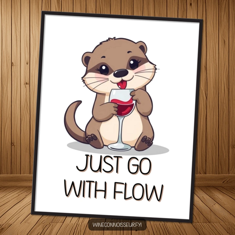 Funny digital art print of a playful otter swirling wine in a small glass, ideal for screensavers.