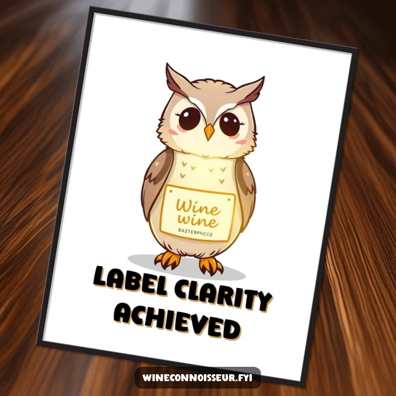 Funny digital art print of a kawaii owl gently illuminating a wine label, ideal for instant sophisticated and humorous decor.