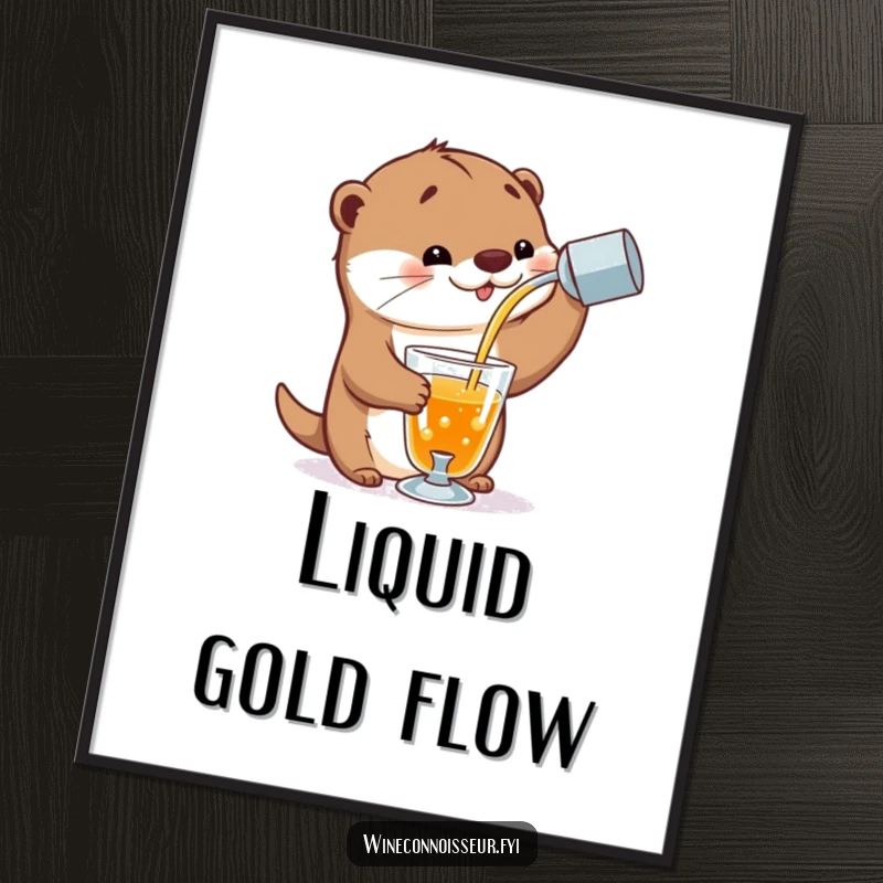 Funny digital art of a playful otter character expertly pouring a stream of amber liquid into a delicate glass, ideal for instant download.