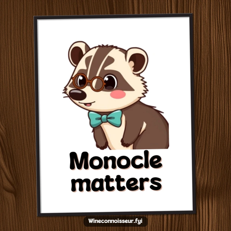Funny digital art of a surprised badger character wearing a tiny monocle and bow tie, perfect for adding sophisticated humor to decor.