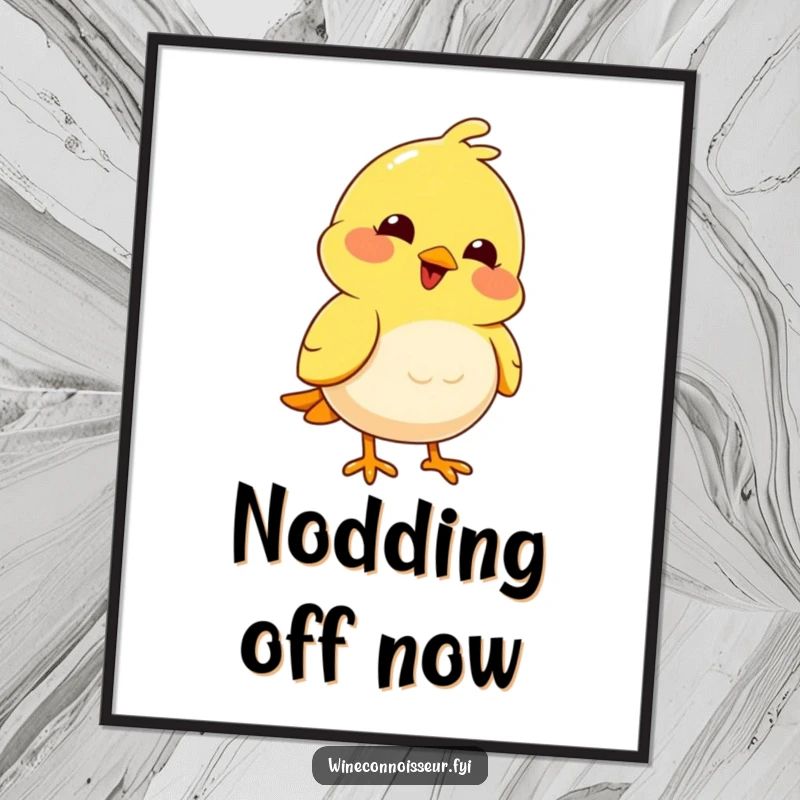 Funny joyful yellow bird character with a pleased expression nodding thoughtfully, funny digital art print.