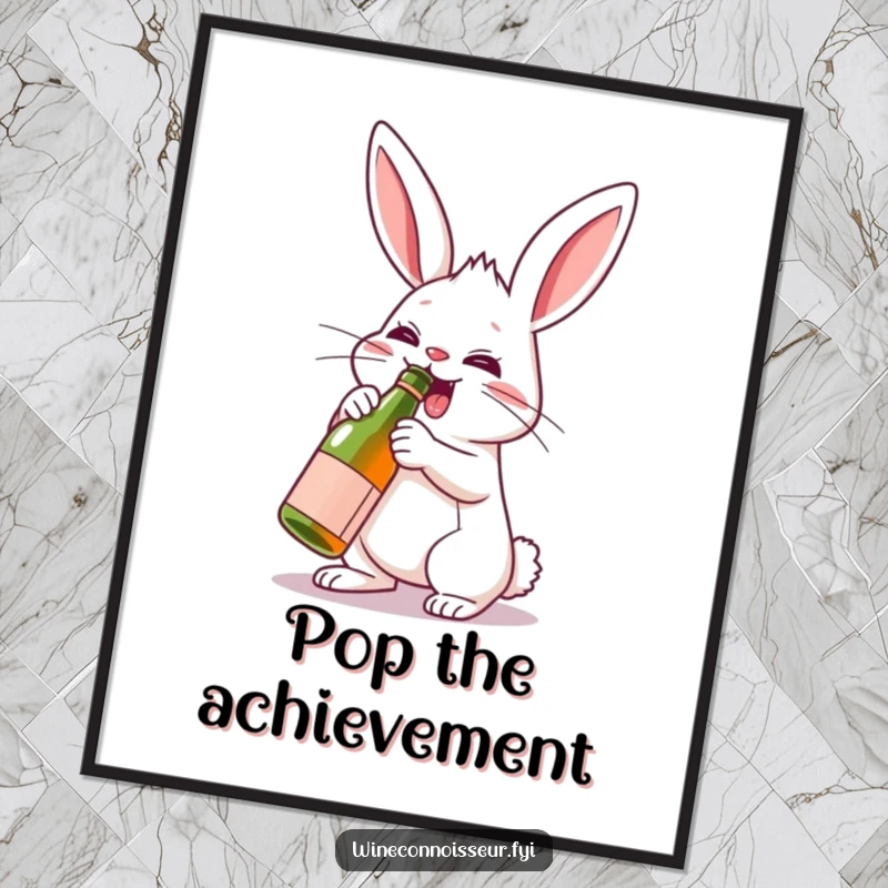 Funny rabbit character uncorking a miniature wine bottle, available as a downloadable digital art print for party decor.