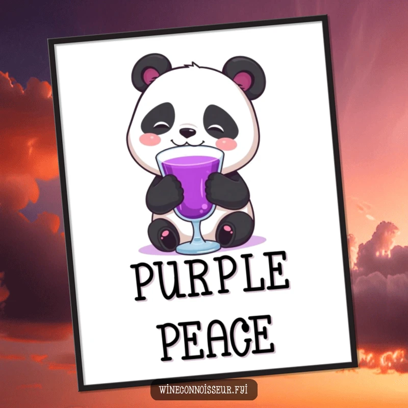 Funny happy panda swirling purple liquid digital art print, capturing a moment of pure, humorous relaxation.