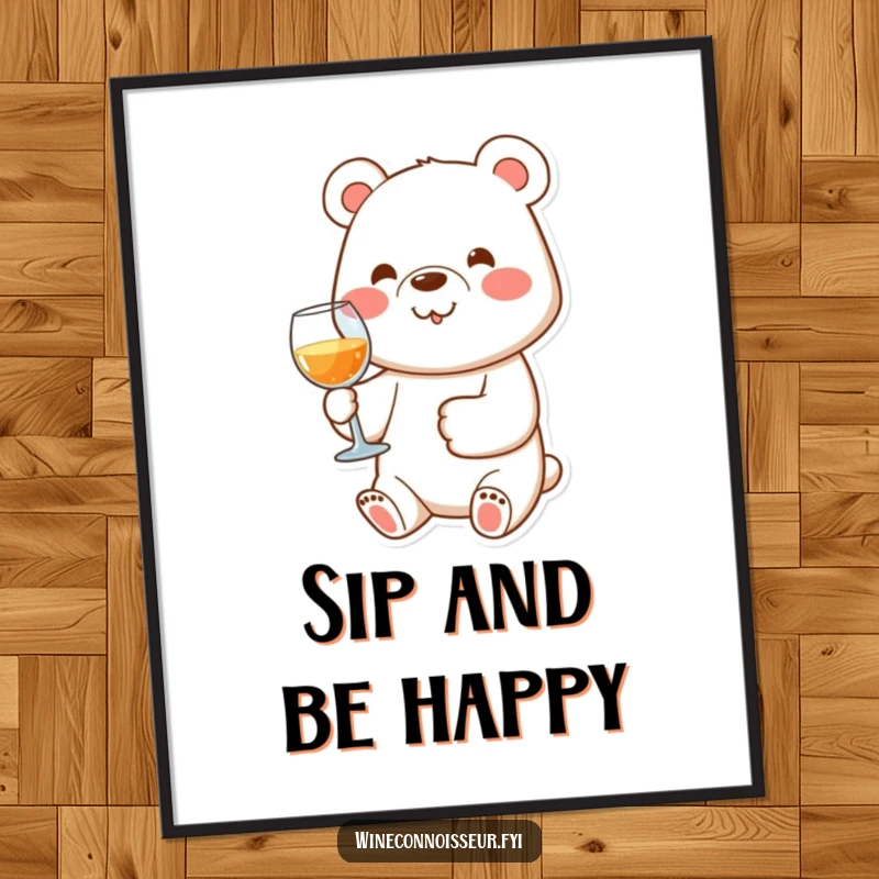 Funny digital art print of a happy bear character holding a wine glass with its paw, ideal for screensavers.