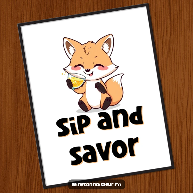 Funny digital art print of a sophisticated fox character swirling sparkling liquid, a refined and humorous decoration.