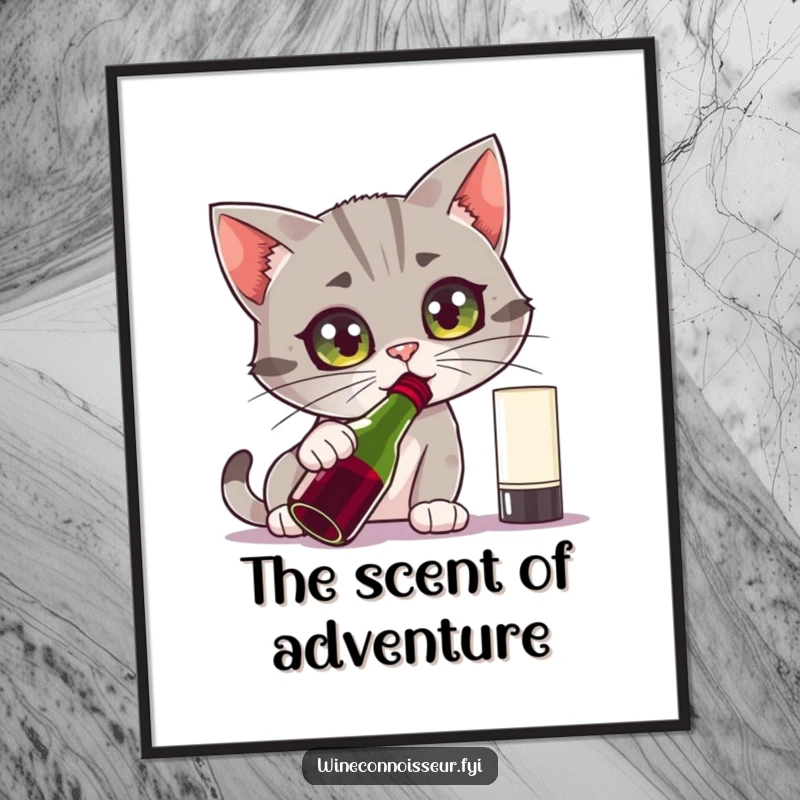 Funny digital art print of a curious cat character intensely sniffing a wine bottle with wide eyes, perfect for adding instant humor.