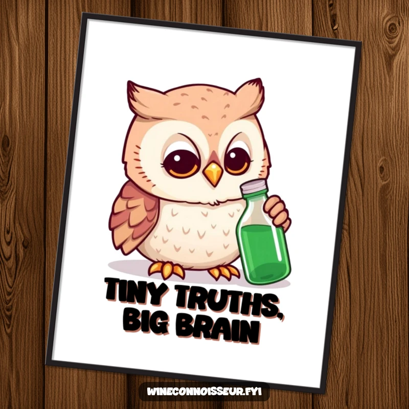Funny owl expert digital art print of a smiling owl intensely focused on a tiny bottle, ready to fascinate.