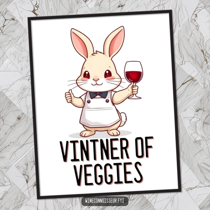 Funny brave rabbit sommelier digital art, wearing apron, nodding wisely, printable and sophisticated decor.