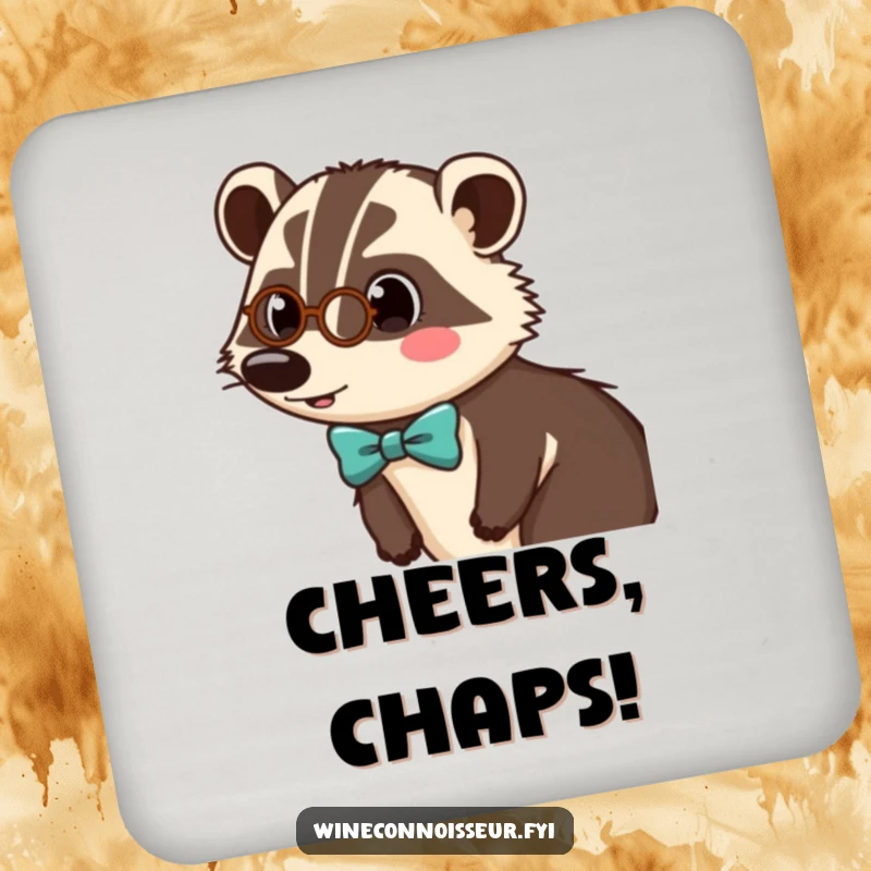 Funny drink coasters featuring a surprised badger character wearing a tiny monocle and bow tie, adding sophisticated humor to tables.