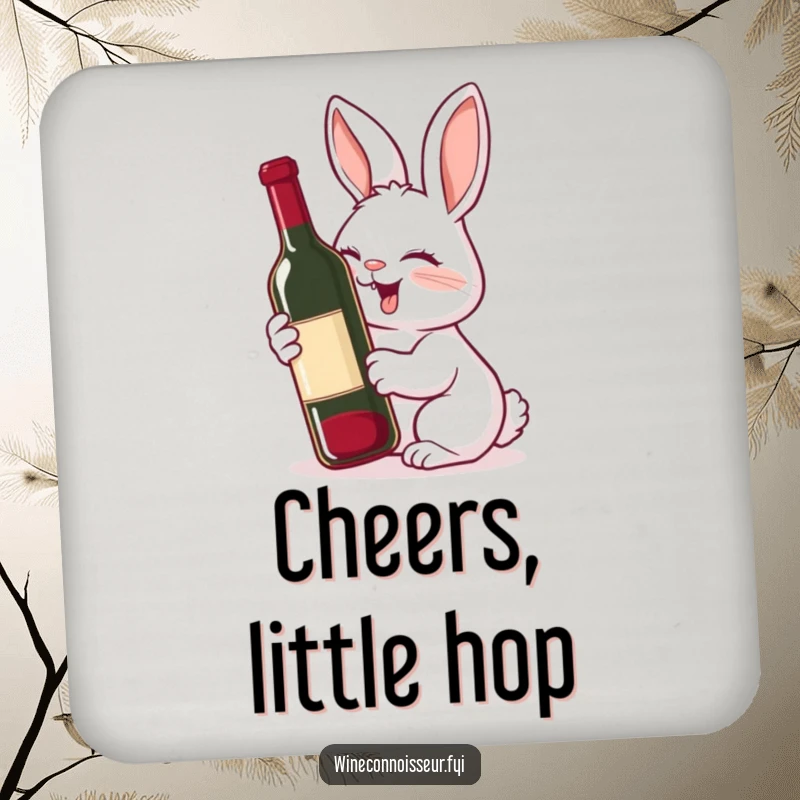 Funny drink coaster with a giggling rabbit showing delight while sniffing a wine bottle, offering playful protection.