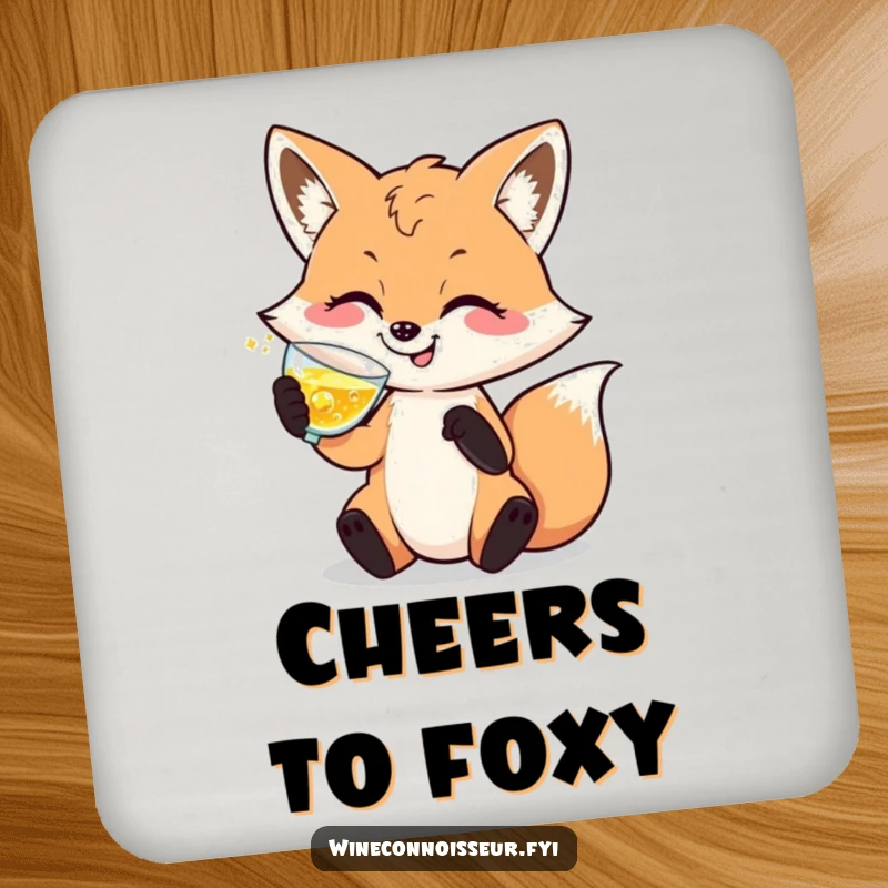 Funny coaster set showing a sophisticated fox character enjoying a drink, protecting surfaces with elegance and humor.
