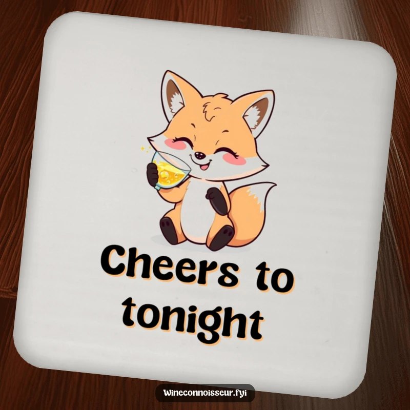 Funny drink coaster with a sophisticated fox character swirling sparkling liquid, adding elegance and surface protection.