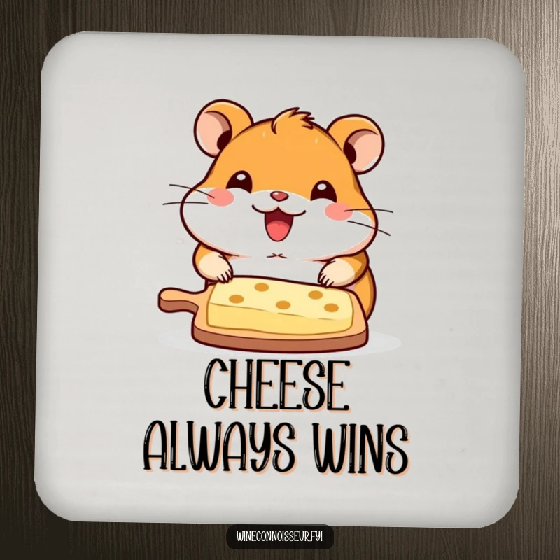 Funny drink coaster with a smiling kawaii hamster presenting a cheese board, adding humorous flair to table protection.