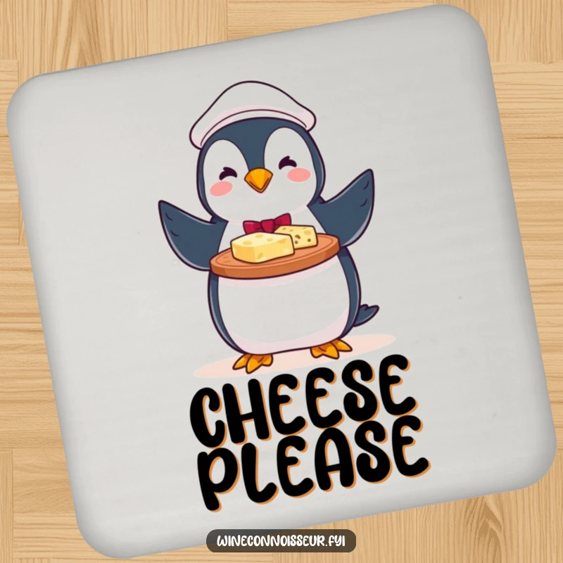 Funny drink coasters featuring a perky penguin server offering a cheese platter, adding festive charm.