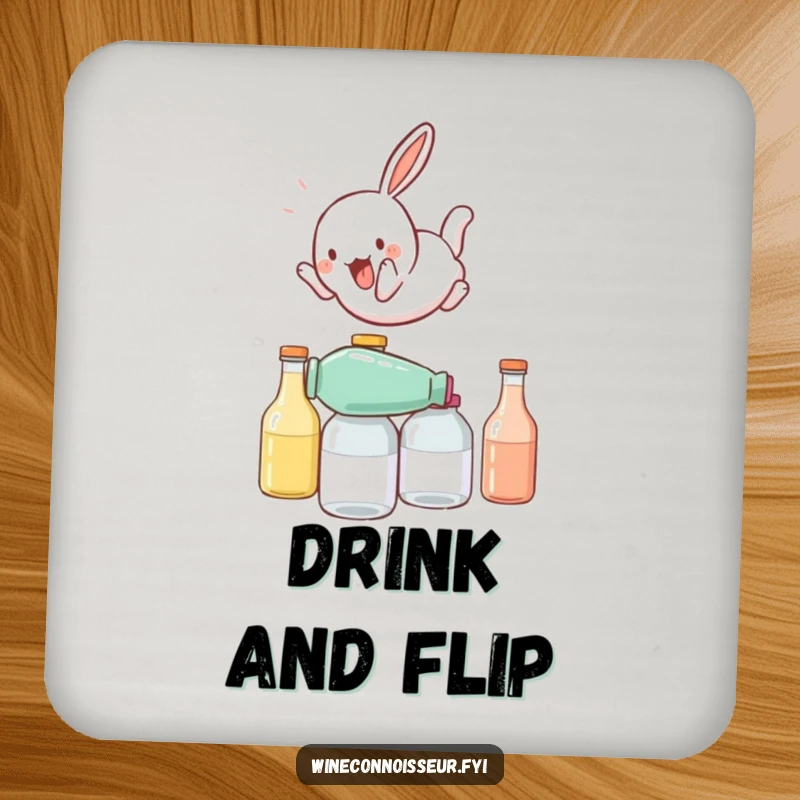 Funny drink coasters featuring a playful rabbit character somersaulting over stacked bottles, adding energetic humor to tabletops.