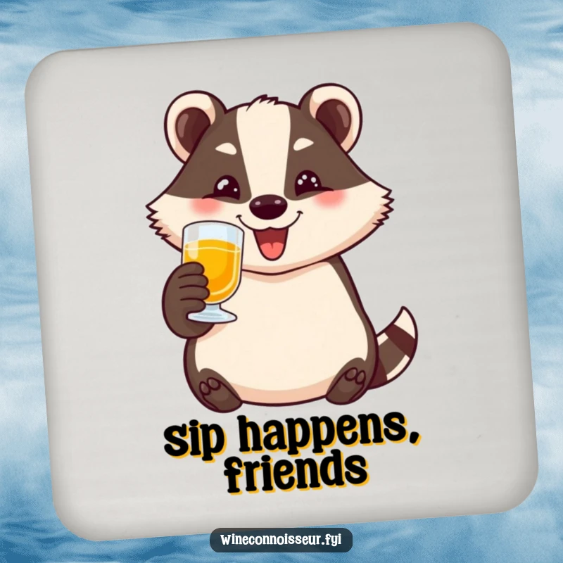 Funny badger drink coaster featuring a happy character toasting with a small glass and a wide smile, protecting surfaces humorously.
