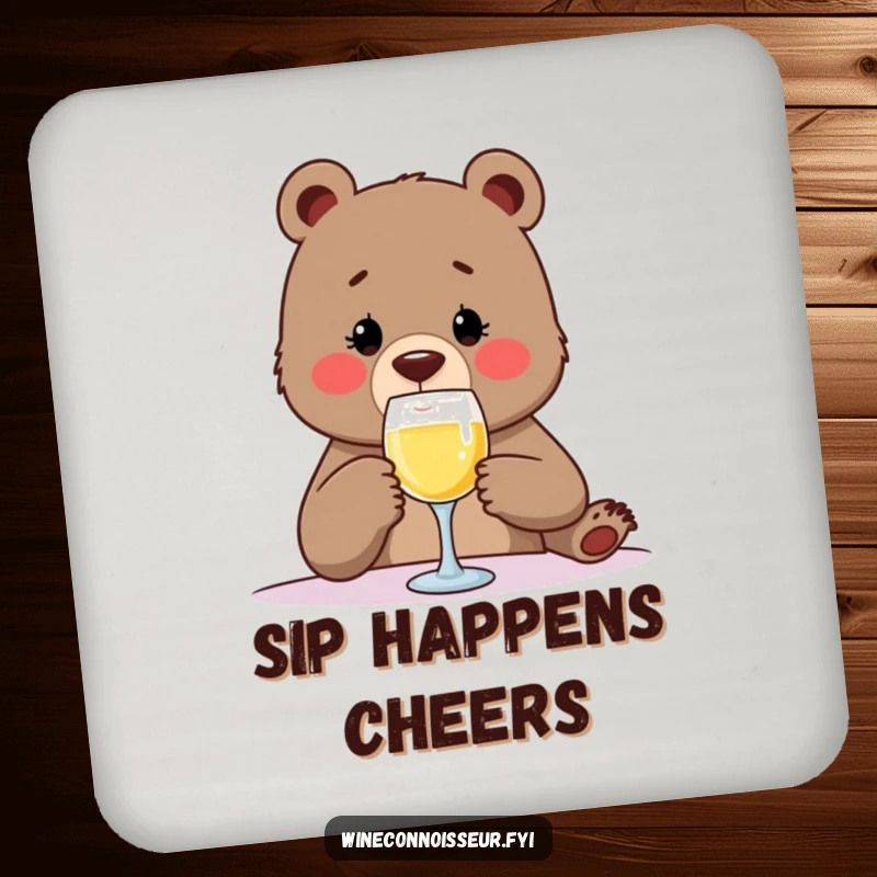 Funny coaster featuring a determined bear meticulously tasting a tiny sip of wine, protecting furniture with a humorous and sophisticated design.